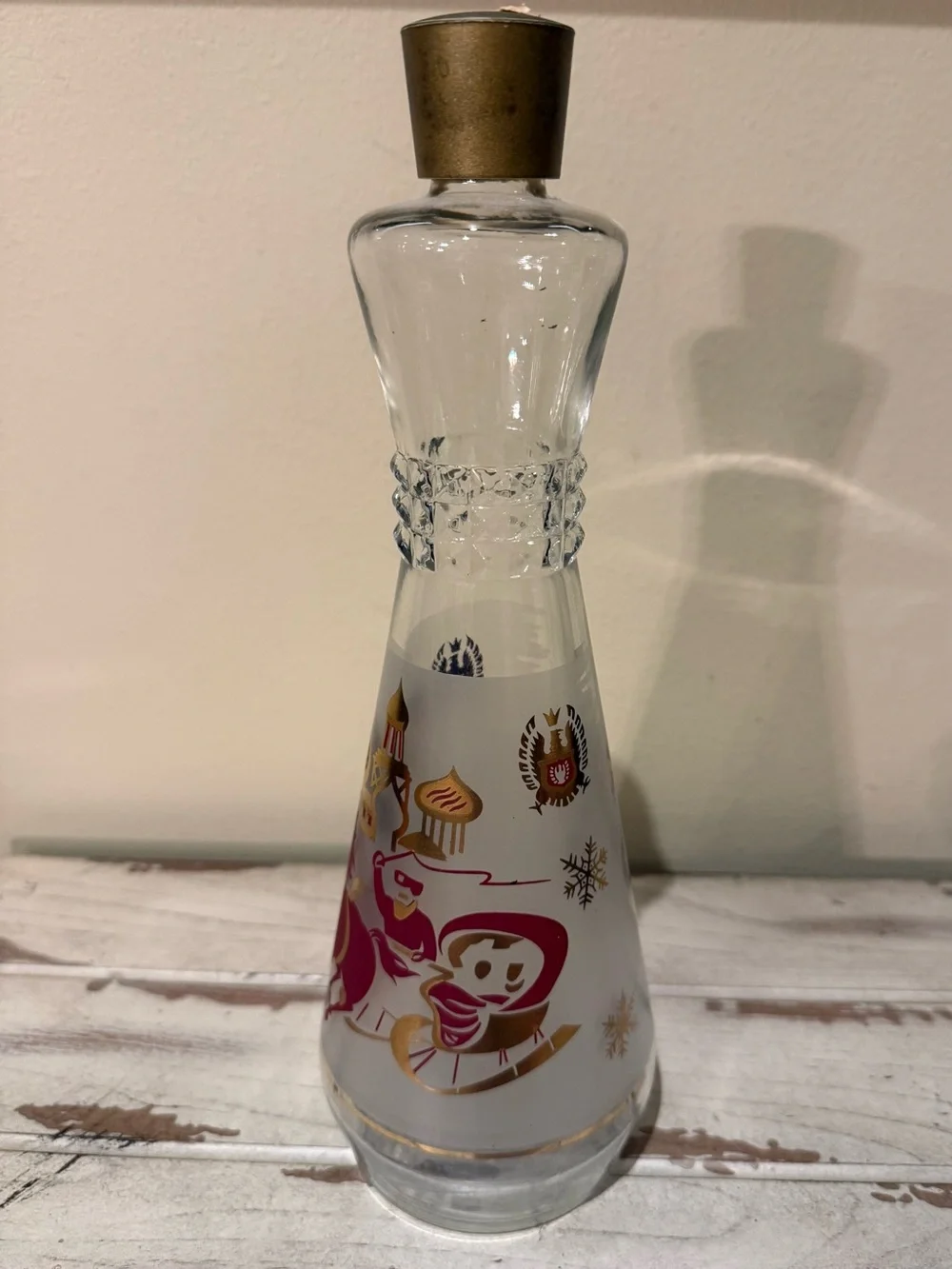 Vintage Frosted Glass Decanter Russian Troika Sleigh Gold Red Barware